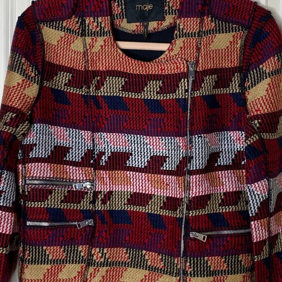 Maje Paris Multicolor Jacquard Moto Jacket with Zip Pockets Size 38 (US 6) - Picture 3 of 11